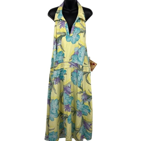 Caribbean Joe Women Yellow Floral Halter Dress 2X Summer Wind Iris Spray NWT New - Picture 1 of 8